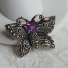 Vintage Sterling Silver 925 Amethyst Marcasite Butterfly 1in Brooch Pin
