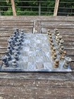Vintage Chess Board Set Hand Carved Solid Stone Marble Black Onyx 13  Complete
