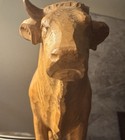 Hand Carved Wooden Bull Sculpture Folk Art Animal Figurine On Base 7    Long Base 