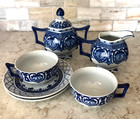 Bombay China Blue   White Creamer  Sugar Bowl  lid  2 Cups 2 Saucers Set