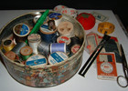 Vtg Sewing Kit With Spools Thread  Gauge  Misc In Old World Tin 