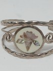 Vintage Alpaca Silver Mexico Floral Hinged Bangle Bracelet Abalone Shell Estate