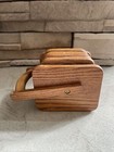 Vintage Wood   Cork Coaster Set In Wood Caddy W handle Mid-century  6 Coasters