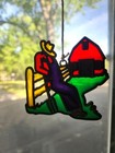 Vintage Stained Glass Suncatcher With A Farmer Leaning Against Fence W  Red Barn