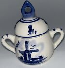 Vtg Hand Painted Delft Blue Miniature Tea Set Porcelain Holland Windmill 7 Pcs