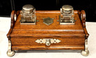 1900s Antique English Oak Desk Stand W  Double Cut Crystal Inkwell   Drawer  ey 