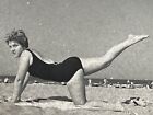 Pretty Woman Kicking Leg On Beach Vintage Photo Tiny Kodak Safety Film 1960s