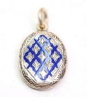 Victorian Blue Enamel Mourning Hair Pendant Gold Tone Glass Face Dainty