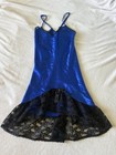 Vintage 1980s 90s Royal Blue Satin Slip Dress With Black Lace Trim  Size Small