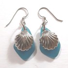 Blue Sea Glass Shell Dangle Earrings Silver 