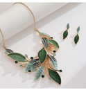 Fashion Women Green Leaves Pendant Necklace Gold Hook Earrings Jewelry Set Gift
