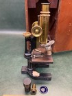 1900 s Bausch   Lomb Optical Co  Brass Monocular Microscope W  Wooden Case