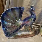 2 Iridescent Luster Peacock Vintage Mid-century Figurine Hand Painted Statue