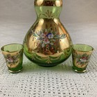 Venetian Italian Decanter Vintage Green And Gold Floral Stopper   2 Shot Glasses