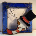 Vintage Stained Glass  Window Hanging Sun Catcher Christmas Snowman Snowflakes