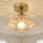 Green Glass Vintage Semi Flush Ceiling Light Fixture Gold Art Deco 11in