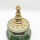 Handmade Studio Art Pottery Urn Green Glaze Lidded Asian Style Spire Signed 6 5 