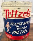 Vintage Rare Large Tritzels  Pretzels   Chips Antique Red Metal Tin 14 1 8  High