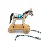 Vtg Hand Carved Wooden Folk Art Pull Toy Horse On Wheels Painted Wood 4 5 