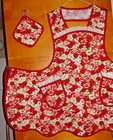 Handmade Bib Apron - Plus Sz -  Deep Red   White Floral   Lace - Vintage - Retro