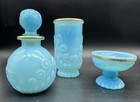 Vintage Avon Blue Milk Glass Vanity Set Decanter Vase Pedestal Dish Gold Trim