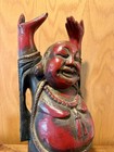 18    Antique 1898c Hand Carved Wood Happy Laughing Arms Raised Buddha Statue
