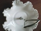 Fenton Milk Glass Hobnail Ruffled Rim Chrome Handle Candy Dish
