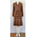 Vintage Brown Plaid Wool Suit Set Womens Xs 70s Tartan Blazer Pleated Skirt