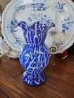 10  1970 s Cobalt Blue   White Swirl Splatter Art Glass Vase Ruffled Top