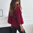 Women   s Batwing Sleeve Woolen Sweater Cape Top With Belt Stand Collar