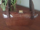 Vintage 1950s 1960s Cognac Brown Alligator Crocodile Leather Top Handle Handbag