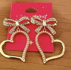 Paris Hilton Sliving  Gold Tone Rhinestone Bow Heart Necklace   Earring Set