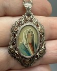 Antique 800 Silver Hand Painted Ornate Pendant Necklace Madonna Religious 18   