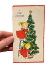 Vintage 1950s Christmas Cards- Girl Decorating Tree- Lot 3 Unused- Gold Accent