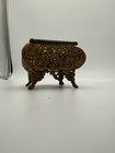 Vintage Brass Filigree Jewelry Casket Box Glass Lid Ornate Footed Trinket Box