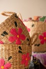 Set Of 3 Seagrass Storage Baskets With Embroidered Flowers Excellent Home Decor