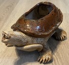 Vtg Pottery Smiling Turtle Planter Brown Glaze  Very Detailed 11    Long 5    Tall
