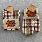Fall Kitchen Towels Oven Mitt   Pot Holder Set Of 4 Green Plaid Pumpkin Nwt