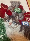 Needlepoint Kitten Cat Teddy Bear Christmas Stocking Wool Red Velvet Back Lined