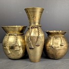 Vintage India Brass Vase Pot Trio Etched Birds Tassel Rope Boho Decor