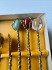 6 Vtg Silver Plate   Agate Stone Teaspoons 3 5     Twisted Handle Original Box