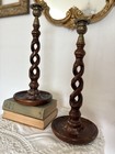 Pair Of Antq   Vtg English Oak   Brass Open Barley Twist Candlestick Holders 15   