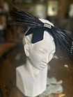 Vtg Dramatic Fascinator Black Feather Rhinestone Velvet Hat 1940s Hollywood Glam
