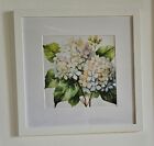 Framed White Hydrangea Art Print 12x12  White Wooden Frame Watercolor Style New