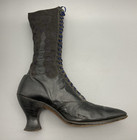 Antique Victorian Ladies Lace Up High Heel Boots Black Leather Jacquard Cloth