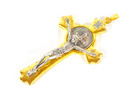 Saint Benedict Crucifix Pendant Vintage Gold   Silver Tone Cross Religious Medal