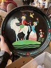 Large Vintage Dutch Folk Art Style Round Tin Metal Serving Tray W scratches