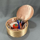 Vintage Mcm Round Satin Sewing Basket Kit Quilted Rose Gold Box Notions Supplies