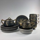Antique Japanese Eggshell Porcelain Litjophane Tea Set Lot 15 Matte Black Gold
