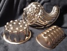 3 Vintage Copper Jello Molds--ribbed Loaf  Bumpy Circle  Cornucopia